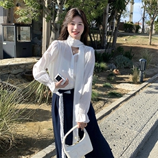 高级感气质一整套穿搭女2025春季新款高级感飘带上衣阔腿裤两件套，女装套装/套裙，2D078