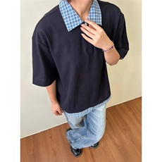 T恤假两件短袖男款夏季潮牌衬衫拼接t恤重磅美式polo衫TA05-P36，男装T恤，星座208-5