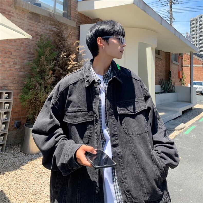 美式复古牛仔夹克男秋季水洗刺绣潮牌高街烟灰色上衣 W5857-P68图片