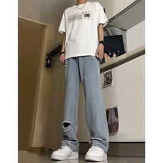 现货夏季显瘦破洞设计感宽松直筒高街薄款休闲牛仔裤K5802-特P35，男装牛仔裤，星座205