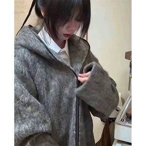 连帽毛衣外套男女美式简约复古花纱大翻领双拉链开衫 MK08图片