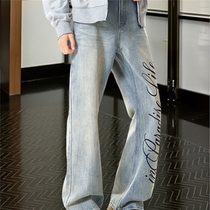 时尚设计感微喇牛仔裤春秋美式高街vibe裤子修身显瘦直筒弯刀裤，男装牛仔裤，星座506A