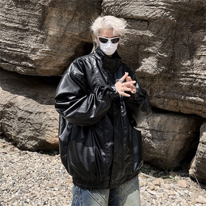 机车服男款潮牌宽松工装PU皮衣外套秋季高街潮流休闲痞帅立领夹克图片