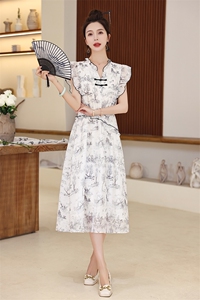 拉夏贝尔气质中式盘扣短袖连衣裙女2025年夏季新款印花收腰中长裙图片