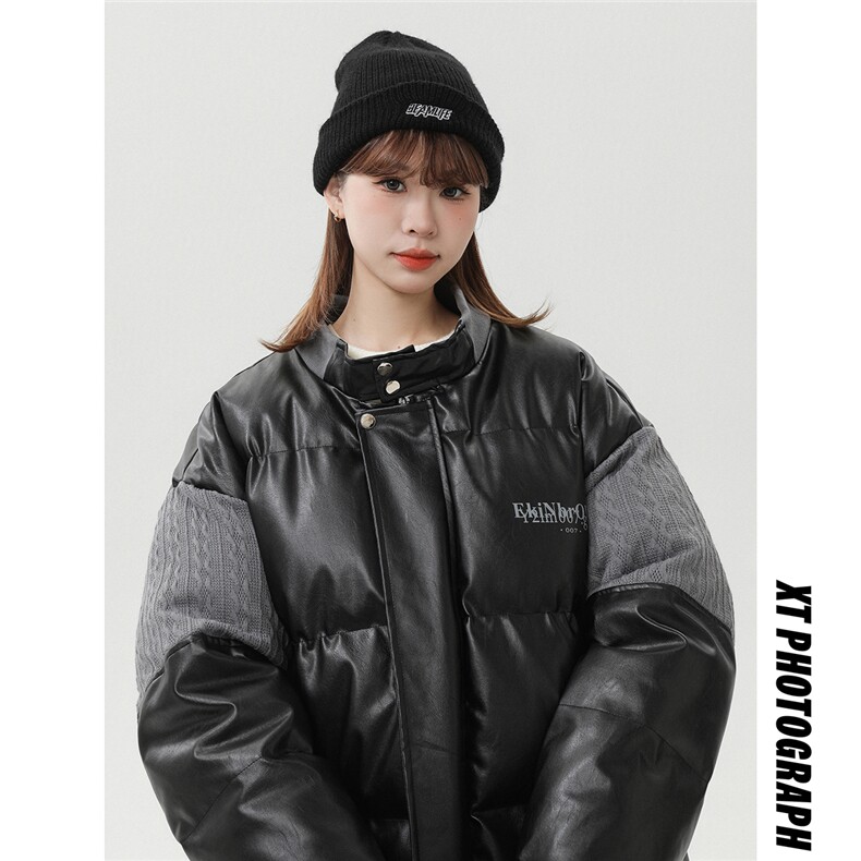 中性风白墙毛线衣拼接PU皮棉衣男:聚酯纤维MY78756P140控198，男装针织衫/毛衣，星座227-7