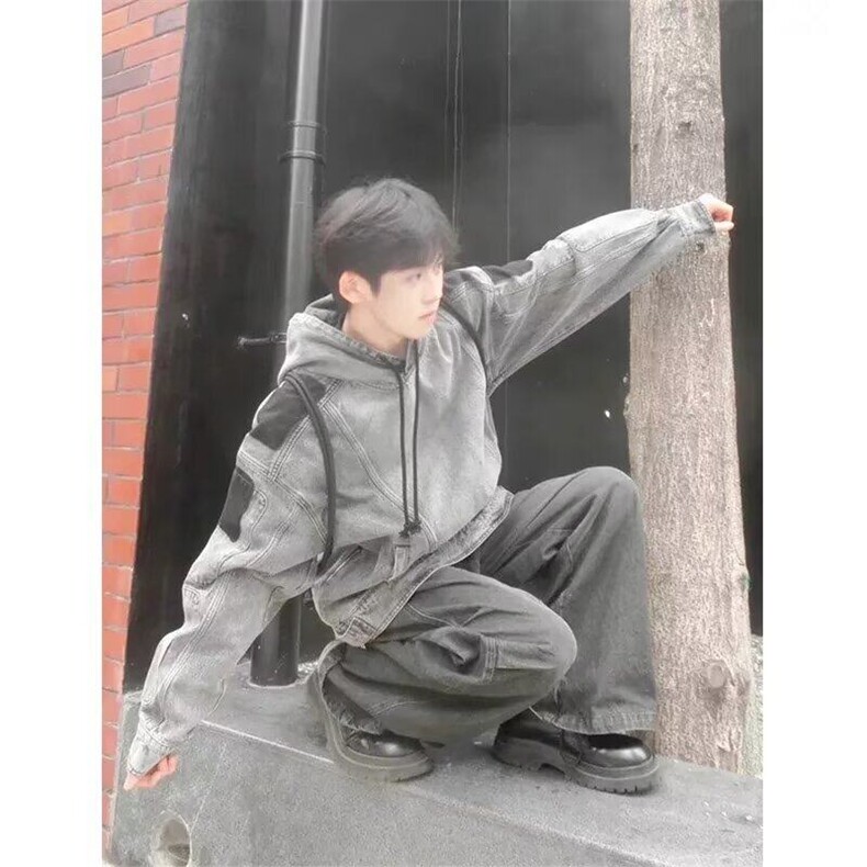 春秋美式街头嘻哈拼接牛仔夹克情侣水洗做旧宽松连帽外套机能风潮,男装夹克,星座506