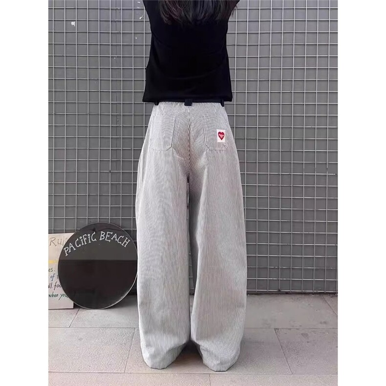 爱心刺绣美式复古竖条纹裤子女设计感小众休闲裤直筒垂感,男装休闲裤,星座506A