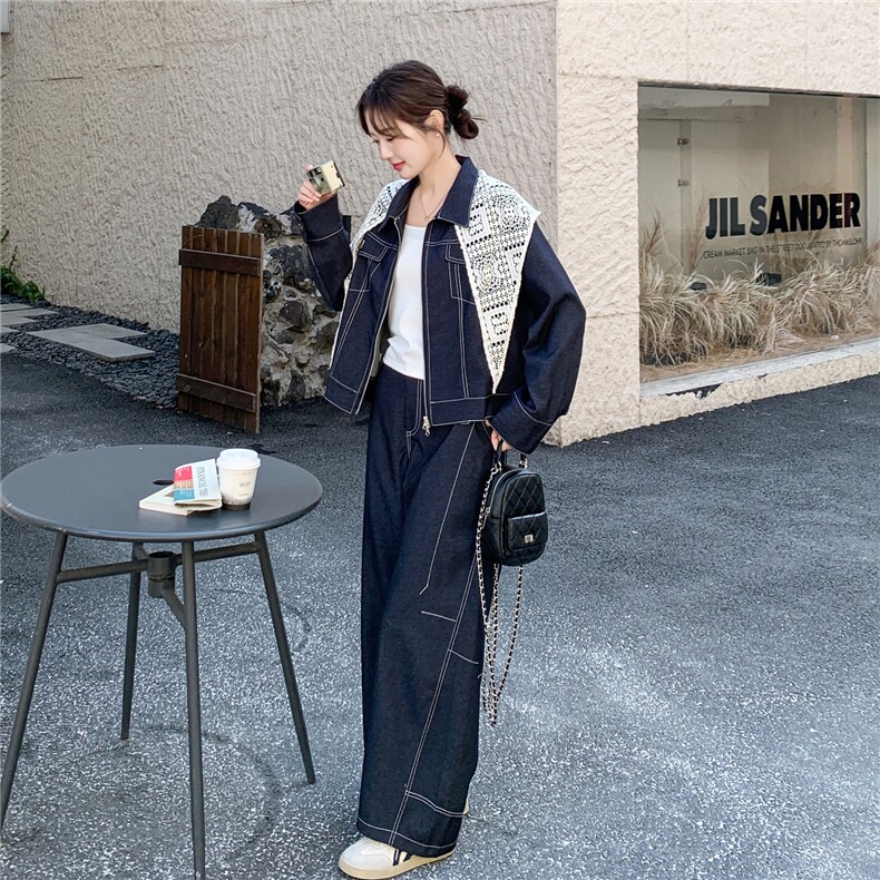 【新品】牛仔套装短外套+弯刀裤两件套带蕾丝披肩,女装套装/套裙,2B076