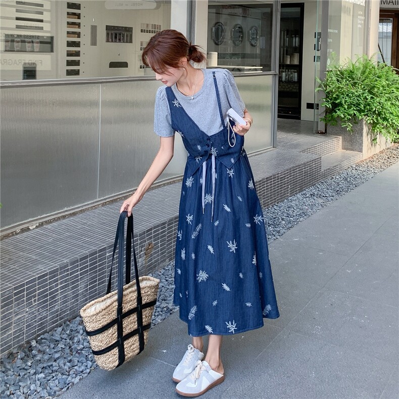 法式假两件短袖套装女2025夏季新款小个子轻熟风休闲半身裙两件套,女装套装/套裙,2C323