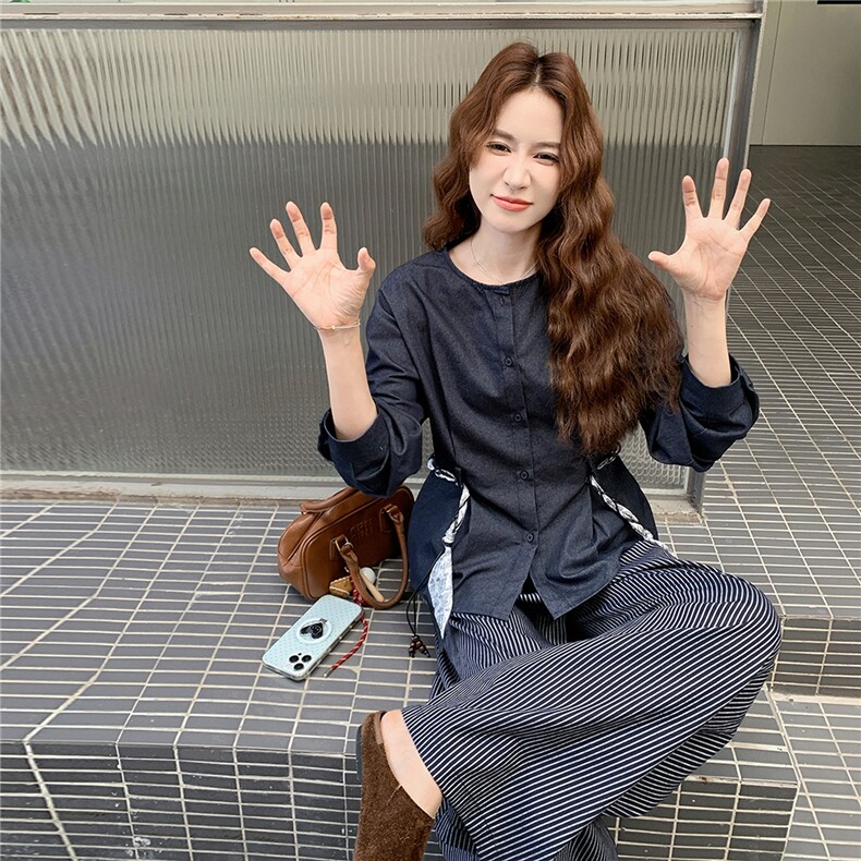 文艺风穿搭牛仔上衣套装女春秋超火好看高级小众条纹阔腿裤两件套图片