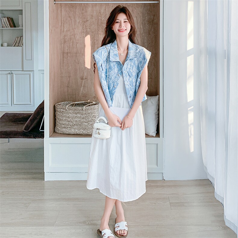 2025新款夏装度假套装牛仔蕾丝马甲长裙两件套2523-P165控248,女装连衣裙,2D009