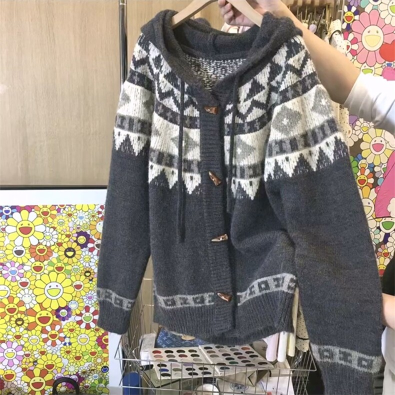 重磅秋冬北极绒开衫毛衣美式复古休闲慵懒风牛角扣针织衫连帽外套,男装针织衫/毛衣,电商A486