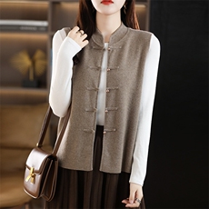 优雅复古盘扣马甲女羊毛针织背心外套显瘦百搭气质上衣，女装羊毛衫，丽特绒