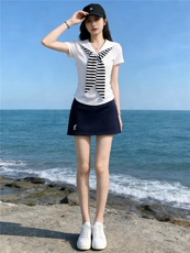 女夏时尚洋气套装裙修身减龄翻领设计感甜美蝴蝶结短袖短裙两件套，女装套装/套裙，江南