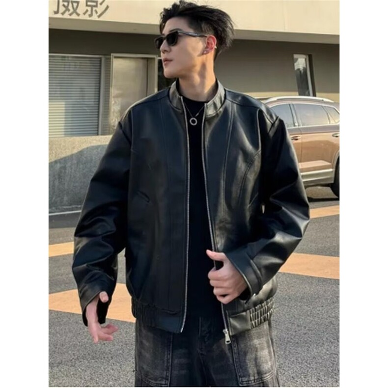 休闲复古立领修身韩版皮夹克外套男美式潮流百搭PU机车服户外皮衣,男装夹克,星座506A