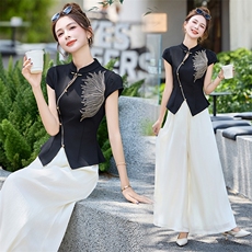 中式国风时尚流行刺绣套装女2025夏日巨好看的唐装阔腿裙裤两件套，女装套装/套裙，玖莱伊