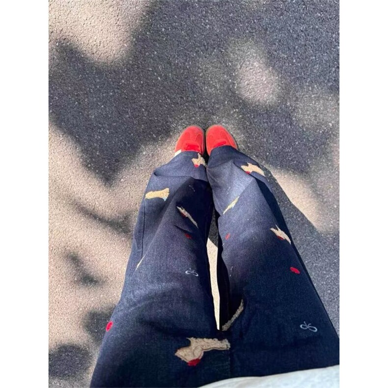 大码设计感小狗贴布刺绣阔腿牛仔裤男女秋季美式高腰情侣垂感裤,男装牛仔裤,星座506A