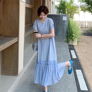 独特设计感度假风连衣裙女夏季2025新款时尚蓝色拼接法式连衣长裙图片