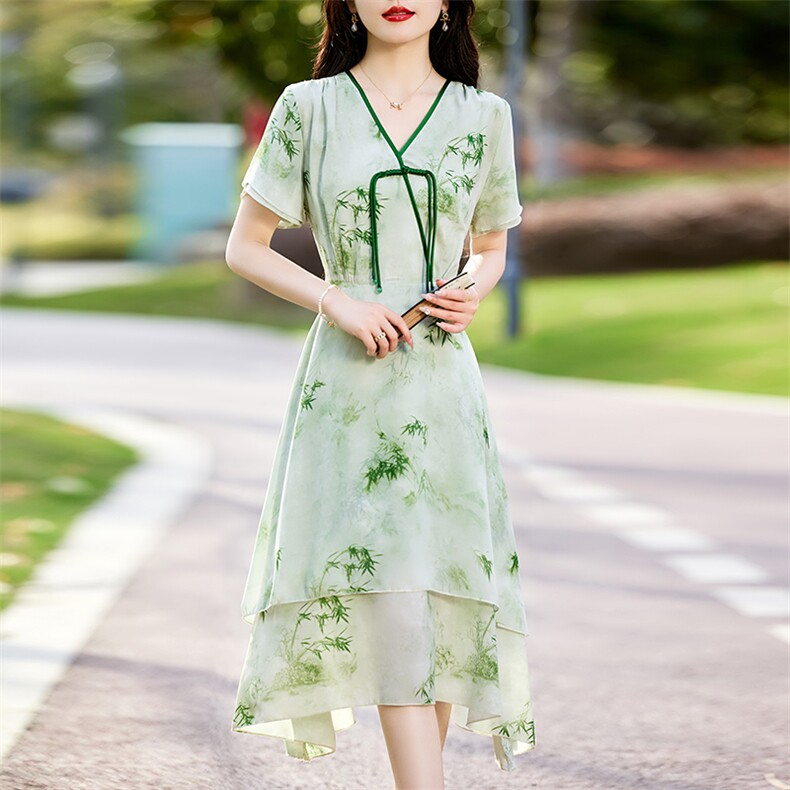 2024年夏季新款短袖盘扣调节腰印花竹子复古女装连衣裙,女装连衣裙,初闻兮