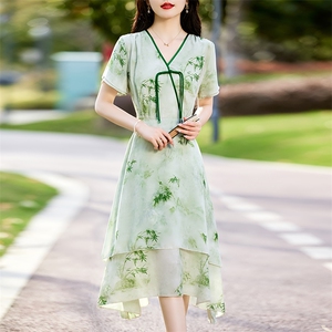 2024年夏季新款短袖盘扣调节腰印花竹子复古女装连衣裙图片