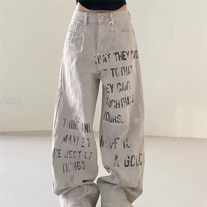 美式复古字母涂鸦牛仔裤男女春秋痞帅炸街直筒休闲长裤L83644-P48图片