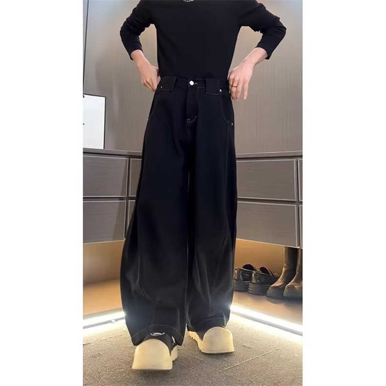 黑色弯刀牛仔裤男夏季美式高街水洗直筒裤子潮牌百搭阔腿长裤男潮,男装牛仔裤,星座506A
