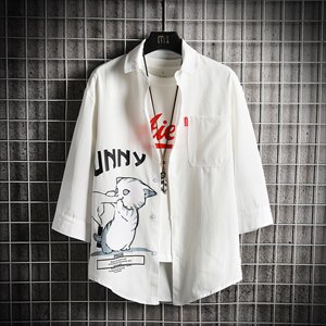 2021夏季新款日系大码男网格风猫咪印花宽松七分袖衬衫C3005-P45图片