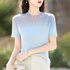2025夏季新款薄款镂空半高领网纱蕾丝领短袖冰丝针织衫修身女上衣，女装针织衫/毛衣，鹿一羊绒