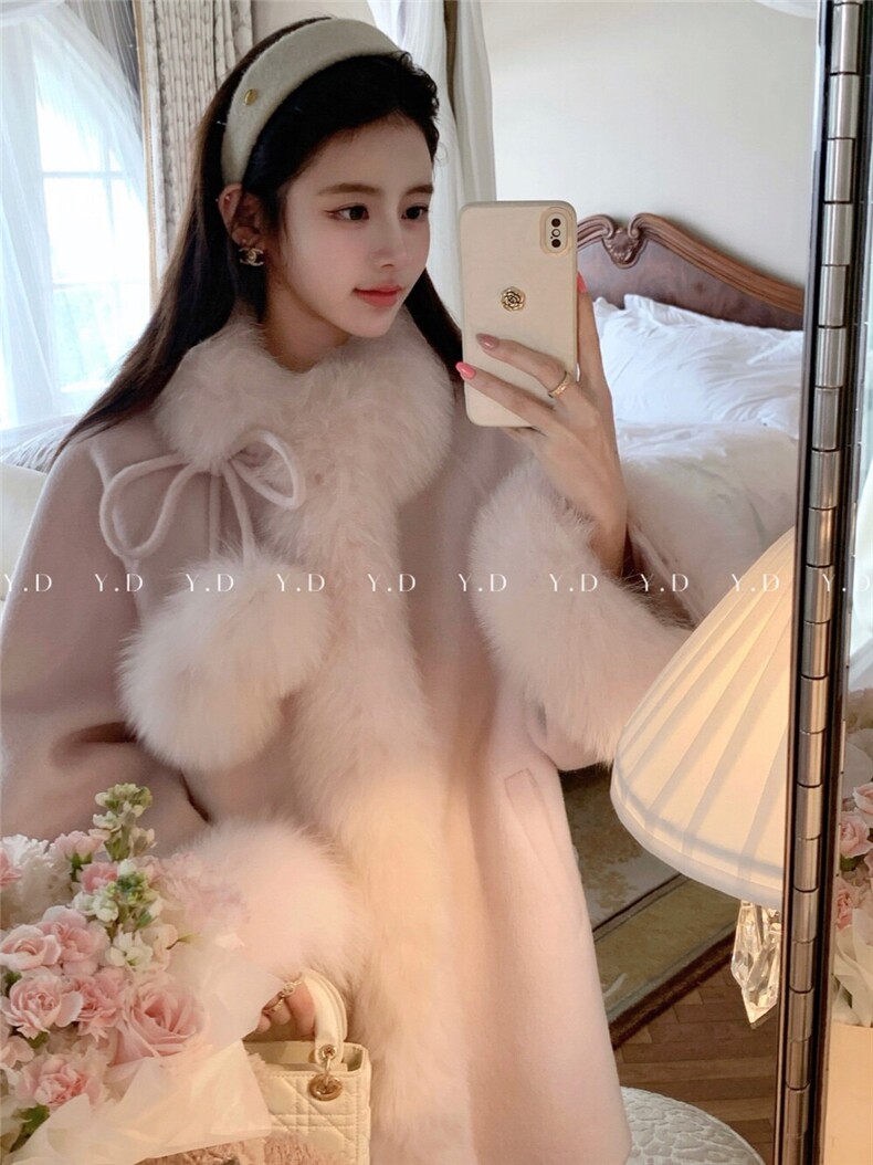 【依嘟】小个子甜美皮草中长款狐狸毛球2025新款羊毛外套(配，女装双面呢大衣，依嘟服饰
