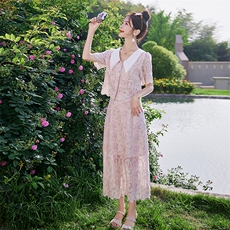 大码女装胖mm小香风盘扣蕾丝绣花连衣裙夏季假两件显瘦茶歇裙，女装套装/套裙，慕依路