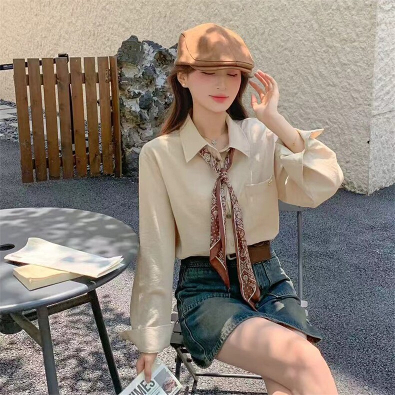休闲气质丝巾衬衫2025年秋短款外套时尚百搭宽松长袖上衣女,女装衬衫,2C229