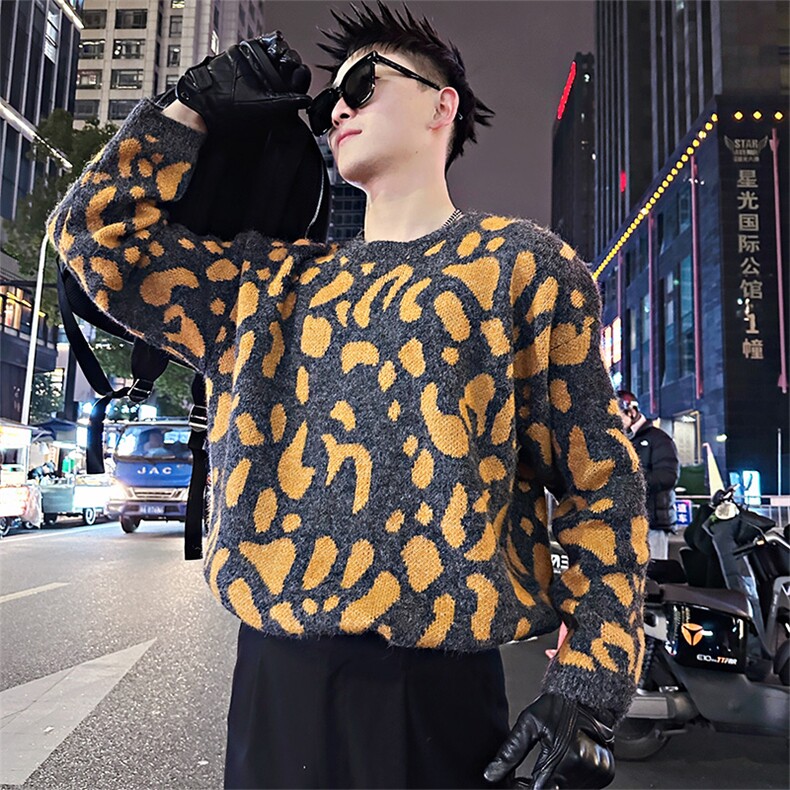 LV313/P98控138冬季高级感慵懒风豹纹针织衫毛衣百搭宽松打底衫首，男装T恤，星座305B