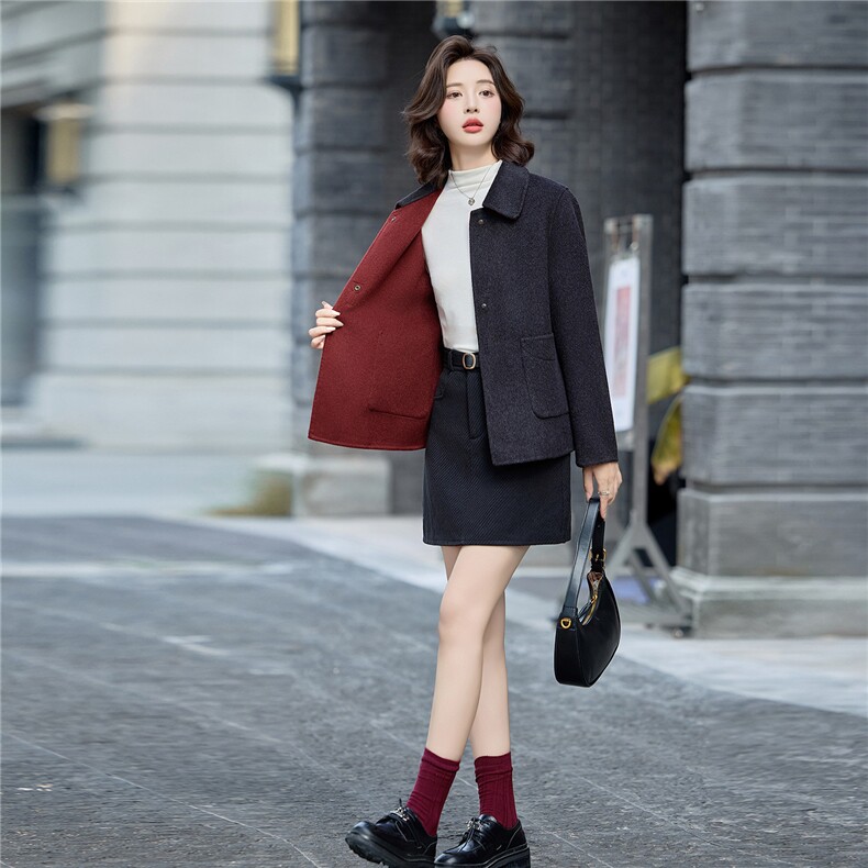 时尚撞色双面绵羊毛外套女2025秋冬新款宽松显瘦气质翻领毛呢大衣,女装双面呢大衣,沁沁公主