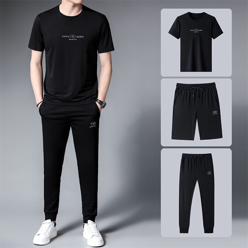 休闲商务套装男夏季新款冰丝免烫短袖t恤中老年爸爸装三件套男装，男装休闲套装，电商B212（原钱塘6029）