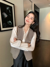 秋季新款v领马甲纯色宽松简约针织衫坎肩复古洋气上衣，女装针织衫/毛衣，玛卡隆羊绒
