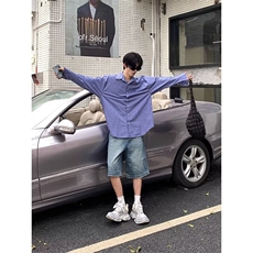 复古蓝色格子衬衫男女宽松百搭衬外套情侣防晒衬衣网图CS925-P40，男装防晒衣，星座302B