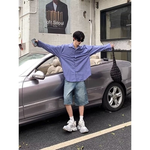 复古蓝色格子衬衫男女宽松百搭衬外套情侣防晒衬衣 网图CS925-P40图片