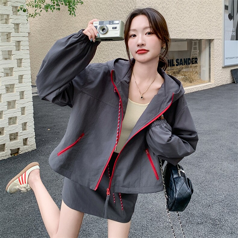 韩版时尚休闲连帽外套套装女2025春秋季新款显瘦运动半身裙两件套，女装套装/套裙，韩蜜菓