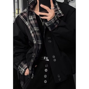 假两件复古翻领夹克男春秋痞帅外套休闲宽松棒球服 JT175图片