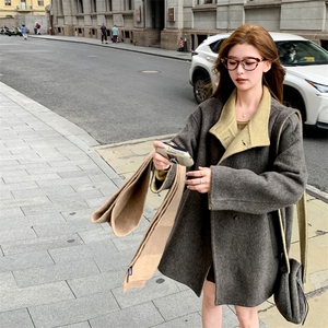 撞色中长款双面羊绒大衣女2025秋冬新款韩系复古气质宽松毛呢外套图片