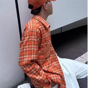 复古格纹设计感长袖衬衫男女小众宽松休闲口袋设计感橘色衬衣外套图片
