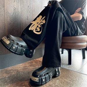 k1079-p55-控78M-5XL现货oversizecleanfit显瘦黄泥牛仔裤破洞,男性衣服黑裤搭配图片