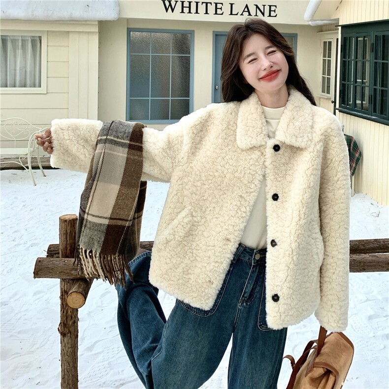 韩版宽松显瘦百搭加厚保暖羊羔毛外套女秋冬新款翻领皮毛一体大衣，女装棉衣/棉服，维壹