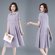 2021年夏季中长款格子套头A字裙妈妈装连衣裙POLO领韩版裙子高腰，女装连衣裙，伊满意