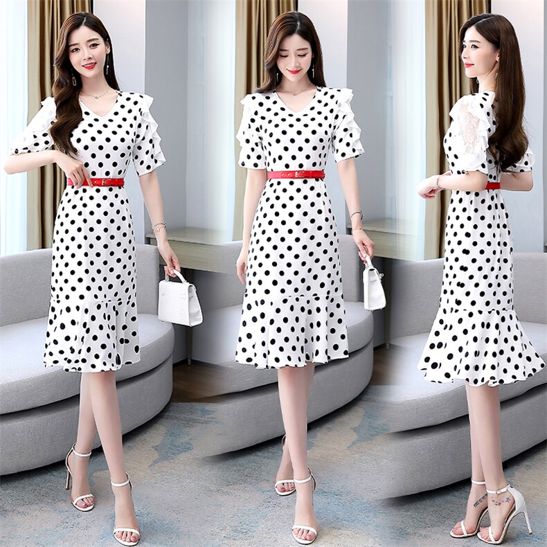 2023夏季新时尚波点优雅迷人性感V领收腰显瘦简约舒适其他高腰，女装连衣裙，火爆靓佳人