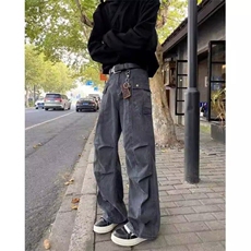 微喇工装裤男款春秋宽松褶皱休闲裤子潮牌美式高街阔腿裤NG107，男装休闲裤，星座1116A（原606A-3）