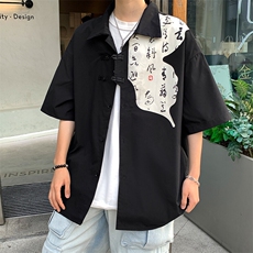 2026夏装潮男新中式印花盘扣短袖五分袖衬衫CS980/特P35黑色3，男装衬衫，电商A094