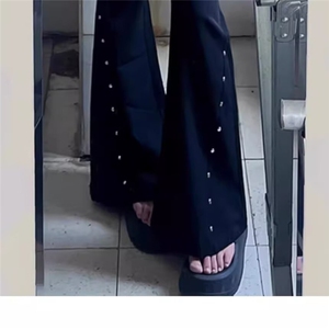 美式辣妹低腰修身黑色喇叭裤女街头酷飒拉链口袋工装牛仔裤图片