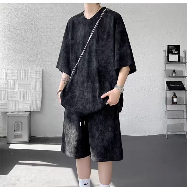 运动套装男款夏季宽松一整套穿搭V领短袖t恤美式扎染休闲短裤图片