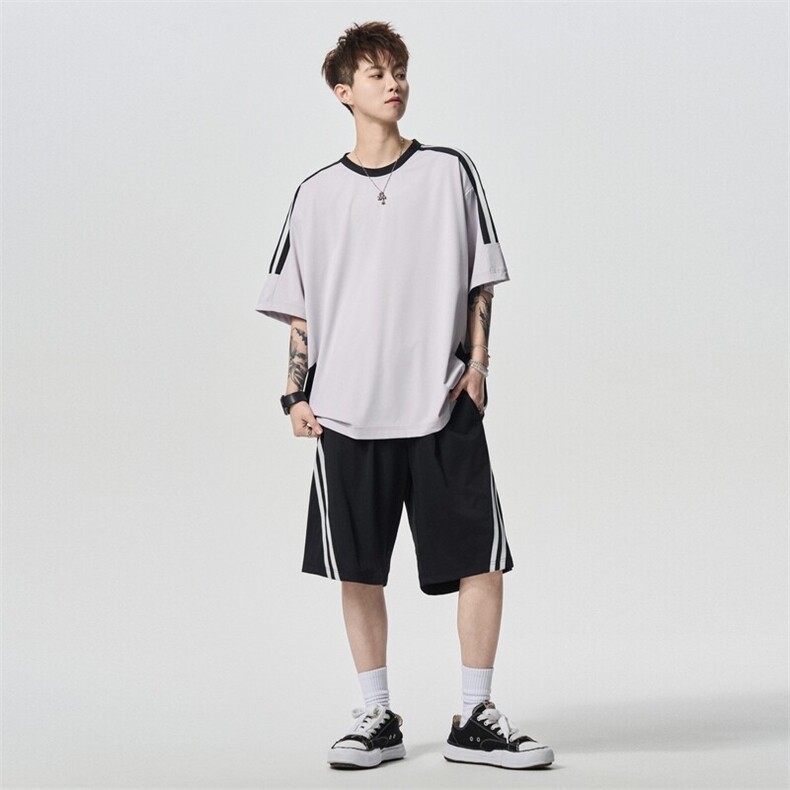 美式条纹短袖套装夏季休闲情侣T恤百搭宽松T恤A406TZ5068P65,男装T恤,星座309（原A406）